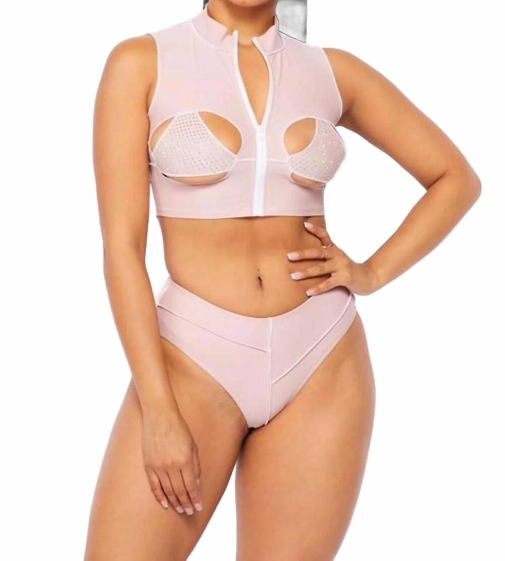 NEW HOT & DELICIOUS fair game crop rhinestone swim set in mauve